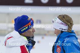 17.03.2016, Khanty-Mansiysk, Russia (RUS): Jean Paul Giachino (FRA), coach Team France, Anais Bescond (FRA), (l-r) -  IBU world cup biathlon, sprint women, Khanty-Mansiysk (RUS). www.nordicfocus.com. © Manzoni/NordicFocus. Every downloaded picture is fee-liable.