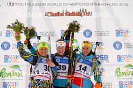 28.01.2016, Cheile Gradistei, Romania (ROU): MERKUSHYNA Anastasiya(UKR), KURZTHALER Susanna(AUT), SCHWAIGER Julia(AUT) - IBU Youth and Junior world ski championships biathlon, individual women junior, Cheile Gradistei (ROU). www.nordicfocus.com. © Tumashov/NordicFocus. Every downloaded picture is fee-liable.