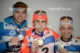 31.01.2016, Cheile Gradistei, Romania (ROU): PORSHNEV Nikita(RUS), DOHERTY Sean(USA), LEITNER Felix(AUT) - IBU Youth and Junior world ski championships biathlon, medals, Cheile Gradistei (ROU). www.nordicfocus.com. © Tumashov/NordicFocus. Every downloaded picture is fee-liable.