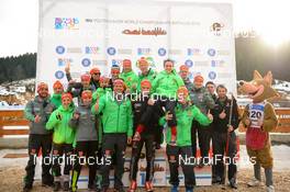 02.02.2016, Cheile Gradistei, Romania (ROU): Team Germany. GROSS Marco(GER), ZOBEL David(GER),  W EICK Lars-Erik(GER),  REITER Dominic(GER),  - IBU Youth and Junior world ski championships biathlon, relay men junior, Cheile Gradistei (ROU). www.nordicfocus.com. © Tumashov/NordicFocus. Every downloaded picture is fee-liable.
