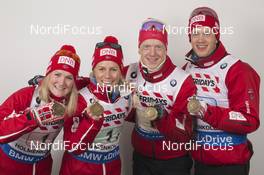 03.03.2016, Oslo, Norway (NOR): Marte Olsbu (NOR), Tiril Eckhoff (NOR), Johannes Thingnes Boe (NOR), Tarjei Boe (NOR), (l-r) - IBU world championships biathlon, medals, Oslo (NOR). www.nordicfocus.com. © NordicFocus. Every downloaded picture is fee-liable.