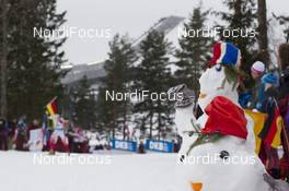 12.03.2016, Oslo, Norway (NOR): Event Feature: Snowman waves to athletes - IBU world championships biathlon, relay men, Oslo (NOR). www.nordicfocus.com. © NordicFocus. Every downloaded picture is fee-liable.