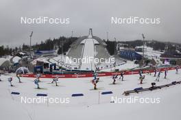 12.03.2016, Oslo, Norway (NOR): Event Feature: Start of the race with the jumping hill in the back - IBU world championships biathlon, relay men, Oslo (NOR). www.nordicfocus.com. © NordicFocus. Every downloaded picture is fee-liable.