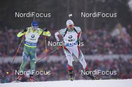 12.03.2016, Oslo, Norway (NOR): Jesper Nelin (SWE), Anton Sinapov (BUL), (l-r) - IBU world championships biathlon, relay men, Oslo (NOR). www.nordicfocus.com. © NordicFocus. Every downloaded picture is fee-liable.