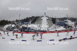 12.03.2016, Oslo, Norway (NOR): Event Feature: Start of the race with the jumping hill in the back - IBU world championships biathlon, relay men, Oslo (NOR). www.nordicfocus.com. © NordicFocus. Every downloaded picture is fee-liable.