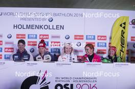 04.03.2016, Oslo, Norway (NOR): Tarjei Boe (NOR), Tiril Eckhoff (NOR), Kaisa Maekaeraeinen (FIN), Gabriela Soukalova (CZE), Laura Dahlmeier (GER), (l-r) - IBU world championships biathlon, Fischer Press Conference , Oslo (NOR). www.nordicfocus.com. © NordicFocus. Every downloaded picture is fee-liable.