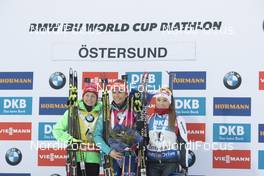 04.12.2016, Oestersund, Sweden, (SWE): Laura Dahlmeier (GER), Gabriela Koukalova (CZE), Dorothea Wierer (ITA), (l-r) - IBU world cup biathlon, pursuit women, Oestersund (SWE). www.nordicfocus.com. © Manzoni/NordicFocus. Every downloaded picture is fee-liable.