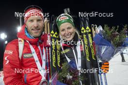 27.11.2016, Oestersund, Sweden, (SWE): Simon Eder (AUT), Lisa Theresa Hauser (AUT), (l-r) - IBU world cup biathlon, single mixed relay, Oestersund (SWE). www.nordicfocus.com. © Manzoni/NordicFocus. Every downloaded picture is fee-liable.