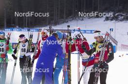 09.12.2016, Pokljuka, Slovenia (SLO): Simon Schempp (GER), Quentin Fillon Maillet (FRA), Emil Hegle Svendsen (NOR), Borut Nunar (SLO) IBU race director, Anton Shipulin (RUS), Johannes Thingnes Boe (NOR), Martin Fourcade (FRA), (l-r) -  IBU world cup biathlon, sprint men, Pokljuka (SLO). www.nordicfocus.com. © Manzoni/NordicFocus. Every downloaded picture is fee-liable.