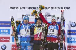 15.12.2016, Nove Mesto, Czech Republic (CZE): Anton Shipulin (RUS), Martin Fourcade (FRA), Emil Hegle Svendsen (NOR), (l-r) - IBU world cup biathlon, sprint men, Nove Mesto (CZE). www.nordicfocus.com. © Manzoni/NordicFocus. Every downloaded picture is fee-liable.