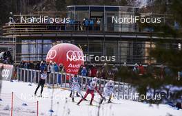 16.01.2016, Planica, Slovenia (SLO): Joeri Kindschi (SUI), Andrew Newell (USA), Ola Vigen Hattestad (NOR), Teodor Peterson (SWE), (l-r),  in front of main building - FIS world cup cross-country, individual sprint, Planica (SLO). www.nordicfocus.com. © Felgenhauer/NordicFocus. Every downloaded picture is fee-liable.