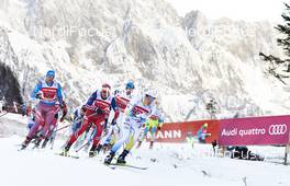 17.01.2016, Planica, Slovenia (SLO): Alexander Panzhinskiy (RUS), Ola Vigen Hattestad (NOR), Andrew Newell (USA), Calle Halfvarsson (SWE), (l-r)  - FIS world cup cross-country, team sprint, Planica (SLO). www.nordicfocus.com. © Felgenhauer/NordicFocus. Every downloaded picture is fee-liable.