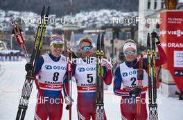 03.02.2016, Drammen, Norway (NOR): Ola Vigen Hattestad (NOR), Petter Northug (NOR), Eirik Brandsdal (NOR), (l-r)  - FIS world cup cross-country, individual sprint, Drammen (NOR). www.nordicfocus.com. © Felgenhauer/NordicFocus. Every downloaded picture is fee-liable.