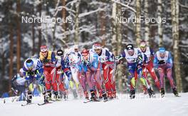 14.02.2016, Falun, Sweden (SWE): Robin Duvillard (FRA), Martin Johnsrud Sundby (NOR), Alexander Legkov (RUS), Maurice Manificat (FRA), (l-r)  - FIS world cup cross-country, mass men, Falun (SWE). www.nordicfocus.com. © Felgenhauer/NordicFocus. Every downloaded picture is fee-liable.