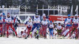 14.02.2016, Falun, Sweden (SWE): Niklas Dyrhaug (NOR), Maurice Manificat (FRA), Alexander Legkov (RUS), Petter Northug (NOR), (l-r)  - FIS world cup cross-country, mass men, Falun (SWE). www.nordicfocus.com. © Felgenhauer/NordicFocus. Every downloaded picture is fee-liable.