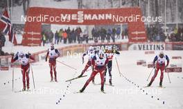 20.02.2016, Lahti, Finland (FIN): Finn Haagen Krogh (NOR), Eirik Brandsdal (NOR), Sindre Bjoernestad Skar (NOR), Emil Iversen (NOR), Federico Pellegrino (ITA), Petter Northug (NOR), (l-r)  - FIS world cup cross-country, individual sprint, Lahti (FIN). www.nordicfocus.com. © Felgenhauer/NordicFocus. Every downloaded picture is fee-liable.