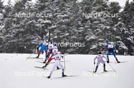 20.02.2016, Lahti, Finland (FIN): Alexey Petukhov (RUS), Renaud Jay (FRA), Petter Northug (NOR), Karl-Johan Westberg (SWE), Simeon Hamilton (USA), Martti Jylhae (FIN), (l-r)  - FIS world cup cross-country, individual sprint, Lahti (FIN). www.nordicfocus.com. © Felgenhauer/NordicFocus. Every downloaded picture is fee-liable.