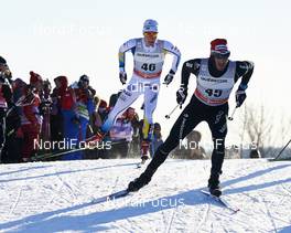 05.03.2016, Quebec, Canada (CAN): Jens Burman (SWE), Jonas Baumann (SUI), (l-r)  - FIS world cup cross-country, pursuit men, Quebec (CAN). www.nordicfocus.com. © Felgenhauer/NordicFocus. Every downloaded picture is fee-liable.