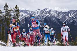 09.03.2016, Canmore, Canada (CAN): Didrik Toenseth (NOR), Martin Johnsrud Sundby (NOR), Hans Christer Holund (NOR), Finn Haagen Krogh (NOR), Sergey Ustiugov (RUS), Matti Heikkinen (FIN), Lukas Bauer (CZE), (l-r)  - FIS world cup cross-country, skiathlon men, Canmore (CAN). www.nordicfocus.com. © Felgenhauer/NordicFocus. Every downloaded picture is fee-liable.