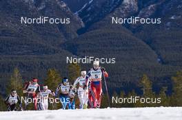 09.03.2016, Canmore, Canada (CAN): Nathalie Von Siebenthal (SUI), Justyna Kowalczyk (POL), Petra Novakova (CZE), Krista Parmakoski (FIN), Charlotte Kalla (SWE), Ingvild Flugstad Oestberg (NOR), (l-r)  - FIS world cup cross-country, skiathlon women, Canmore (CAN). www.nordicfocus.com. © Felgenhauer/NordicFocus. Every downloaded picture is fee-liable.