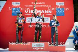 23.01.2016, Chaux-Neuve, France (FRA): Bernhard Gruber (AUT), Eric Frenzel (GER), Akito Watabe (JPN), (l-r) - FIS world cup nordic combined, individual gundersen HS118/10km, Chaux-Neuve (FRA). www.nordicfocus.com. © Becker/NordicFocus. Every downloaded picture is fee-liable.
