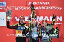 03.12.2016, Lillehammer, Norway (NOR): Johannes Rydzek (GER), Eric Frenzel (GER), Fabian Riessle (GER), (l-r) - FIS world cup nordic combined, individual gundersen HS100/10km, Lillehammer (NOR). www.nordicfocus.com. © THIBAUT/NordicFocus. Every downloaded picture is fee-liable.