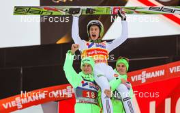 03.01.2016, Innsbruck, Austria (AUT): (l-r) Anze Lanisek (SLO), Peter Prevc (SLO) and Tilen Bartol (SLO) - FIS world cup ski jumping, four hills tournament, individual HS130, Innsbruck (AUT). www.nordicfocus.com. © Laiho/NordicFocus. Every downloaded picture is fee-liable.