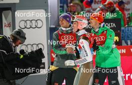 06.01.2016, Bischofshofen, Austria (AUT): (l-r) Andreas Wellinger (GER), Severin Freund (GER), Fischer and Andreas Wank (GER) - FIS world cup ski jumping, four hills tournament, individual HS140, Bischofshofen (AUT). www.nordicfocus.com. © Laiho/NordicFocus. Every downloaded picture is fee-liable.