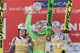 18.03.2016, Planica, Slovenia (SLO): Robert Kranjec (SLO), Peter Prevc (SLO), Johann Andre Forfang (NOR), (l-r) - FIS world cup ski flying, cups, Planica (SLO). www.nordicfocus.com. © Modica/NordicFocus. Every downloaded picture is fee-liable.