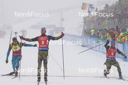 08.01.2017, Oberhof, Germany (GER): Martin Fourcade (FRA), Simon Schempp (GER), Erik Lesser (GER), (l-r) -  IBU world cup biathlon, mass men, Oberhof (GER). www.nordicfocus.com. © Manzoni/NordicFocus. Every downloaded picture is fee-liable.