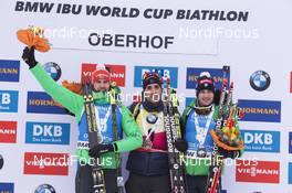 07.01.2017, Oberhof, Germany (GER): Arnd Peiffer (GER), Martin Fourcade (FRA), Dominik Windisch (ITA), (l-r) -  IBU world cup biathlon, pursuit men, Oberhof (GER). www.nordicfocus.com. © Manzoni/NordicFocus. Every downloaded picture is fee-liable.