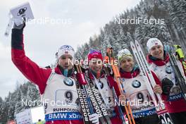 11.01.2017, Ruhpolding, Germany (GER): Emil Hegle Svendsen (NOR), Henrik L'abee-Lund (NOR), Ole Einar Bjoerndalen (NOR), Vetle Sjastad Christiansen (NOR), (l-r), (l-r) -  IBU world cup biathlon, relay men, Ruhpolding (GER). www.nordicfocus.com. © Manzoni/NordicFocus. Every downloaded picture is fee-liable.