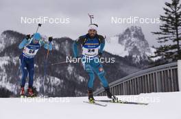 13.01.2017, Ruhpolding, Germany (GER): Yan Savitskiy (KAZ), Simon Fourcade (FRA), (l-r) -  IBU world cup biathlon, sprint men, Ruhpolding (GER). www.nordicfocus.com. © Manzoni/NordicFocus. Every downloaded picture is fee-liable.