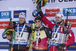 13.01.2017, Ruhpolding, Germany (GER): Julian Eberhard (AUT), Martin Fourcade (FRA), Emil Hegle Svendsen (NOR), (l-r) -  IBU world cup biathlon, sprint men, Ruhpolding (GER). www.nordicfocus.com. © Manzoni/NordicFocus. Every downloaded picture is fee-liable.