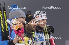 04.03.2017, Pyeong Chang, Korea (KOR): Anton Shipulin (RUS), Martin Fourcade (FRA), Julian Eberhard (AUT), (l-r) -  IBU world cup biathlon, pursuit men, Pyeong Chang (KOR). www.nordicfocus.com. © Manzoni/NordicFocus. Every downloaded picture is fee-liable.