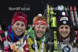02.03.2017, Pyeong Chang, Korea (KOR): Tiril Eckhoff (NOR), Laura Dahlmeier (GER), Anais Chevalier (FRA), (l-r) -  IBU world cup biathlon, sprint women, Pyeong Chang (KOR). www.nordicfocus.com. © Manzoni/NordicFocus. Every downloaded picture is fee-liable.