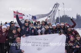 19.03.2017, Oslo, Norway (NOR): Martin Fourcade (FRA) celebrates with the whole team -  IBU world cup biathlon, cups, Oslo (NOR). www.nordicfocus.com. © Manzoni/NordicFocus. Every downloaded picture is fee-liable.