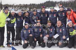19.03.2017, Oslo, Norway (NOR): Martin Fourcade (FRA) celebrates with his team and his suppliers Peter Torkar (SLO), OneWay race service and Sylvain Frajas-Claret (FRA), Rossigol Race Service -  IBU world cup biathlon, cups, Oslo (NOR). www.nordicfocus.com. © Manzoni/NordicFocus. Every downloaded picture is fee-liable.