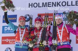 19.03.2017, Oslo, Norway (NOR): Gabriela Koukalova (CZE), Tiril Eckhoff (NOR), Kaisa Makarainen (FIN), (l-r) -  IBU world cup biathlon, mass women, Oslo (NOR). www.nordicfocus.com. © Manzoni/NordicFocus. Every downloaded picture is fee-liable.