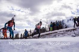 18.03.2017, Oslo, Norway (NOR): Marie Dorin Habert (FRA), Lena Haecki (SUI), (l-r) -  IBU world cup biathlon, pursuit women, Oslo (NOR). www.nordicfocus.com. © Manzoni/NordicFocus. Every downloaded picture is fee-liable.