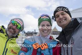 18.03.2017, Oslo, Norway (NOR): Christoph Sumann (AUT), Lisa Theresa Hauser (AUT), Dieter Wolff (AUT), ORF commentator (l-r) -  IBU world cup biathlon, pursuit women, Oslo (NOR). www.nordicfocus.com. © Manzoni/NordicFocus. Every downloaded picture is fee-liable.