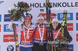 18.03.2017, Oslo, Norway (NOR): Gabriela Koukalova (CZE), Mari Laukkanen (FIN), Justine Braisaz (FRA), (l-r) -  IBU world cup biathlon, pursuit women, Oslo (NOR). www.nordicfocus.com. © Manzoni/NordicFocus. Every downloaded picture is fee-liable.