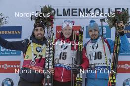 17.03.2017, Oslo, Norway (NOR): Martin Fourcade (FRA), Johannes Thingnes Boe (NOR), Anton Shipulin (RUS), (l-r) -  IBU world cup biathlon, sprint men, Oslo (NOR). www.nordicfocus.com. © Manzoni/NordicFocus. Every downloaded picture is fee-liable.