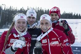 29.01.2017, Duszniki Zdroj, Poland (POL): Karoline Erdal (NOR), Erlend Bjoentegaard (NOR), Fredrik Gjesbakk (NOR), Marion Roenning Huber (NOR), (l-r) - IBU Open European championships biathlon, relay mixed, Duszniki Zdroj (POL). www.nordicfocus.com. © Manzoni/NordicFocus. Every downloaded picture is fee-liable.