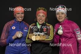 19.02.2017, Hochfilzen, Austria (AUT): Susan Dunklee (USA), Laura Dahlmeier (GER), Kaisa Makarainen (FIN), (l-r) - IBU world championships biathlon, medals, Hochfilzen (AUT). www.nordicfocus.com. © NordicFocus. Every downloaded picture is fee-liable.