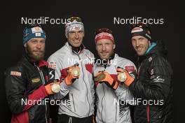 18.02.2017, Hochfilzen, Austria (AUT): Daniel Mesotitsch (AUT), Julian Eberhard (AUT), Simon Eder (AUT), Dominik Landertinger (AUT), (l-r) - IBU world championships biathlon, medals, Hochfilzen (AUT). www.nordicfocus.com. © NordicFocus. Every downloaded picture is fee-liable.