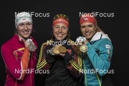 12.02.2017, Hochfilzen, Austria (AUT): Darya Domracheva (BLR), Laura Dahlmeier (GER), Gabriela Koukalova (CZE), (l-r) - IBU world championships biathlon, medals, Hochfilzen (AUT). www.nordicfocus.com. © NordicFocus. Every downloaded picture is fee-liable.