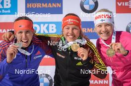 19.02.2017, Hochfilzen, Austria (AUT): Kaisa Makarainen (FIN), Susan Dunklee (USA), Laura Dahlmeier (GER) - IBU world championships biathlon, medals, Hochfilzen (AUT). www.nordicfocus.com. © NordicFocus. Every downloaded picture is fee-liable.
