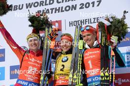 12.02.2017, Hochfilzen, Austria (AUT): Gabriela Koukalova (CZE), Darya Domracheva (BLR), Laura Dahlmeier (GER) - IBU world championships biathlon, pursuit women, Hochfilzen (AUT). www.nordicfocus.com. © NordicFocus. Every downloaded picture is fee-liable.