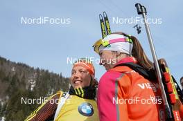 12.02.2017, Hochfilzen, Austria (AUT): Laura Dahlmeier (GER), Darya Domracheva (BLR) - IBU world championships biathlon, pursuit women, Hochfilzen (AUT). www.nordicfocus.com. © NordicFocus. Every downloaded picture is fee-liable.